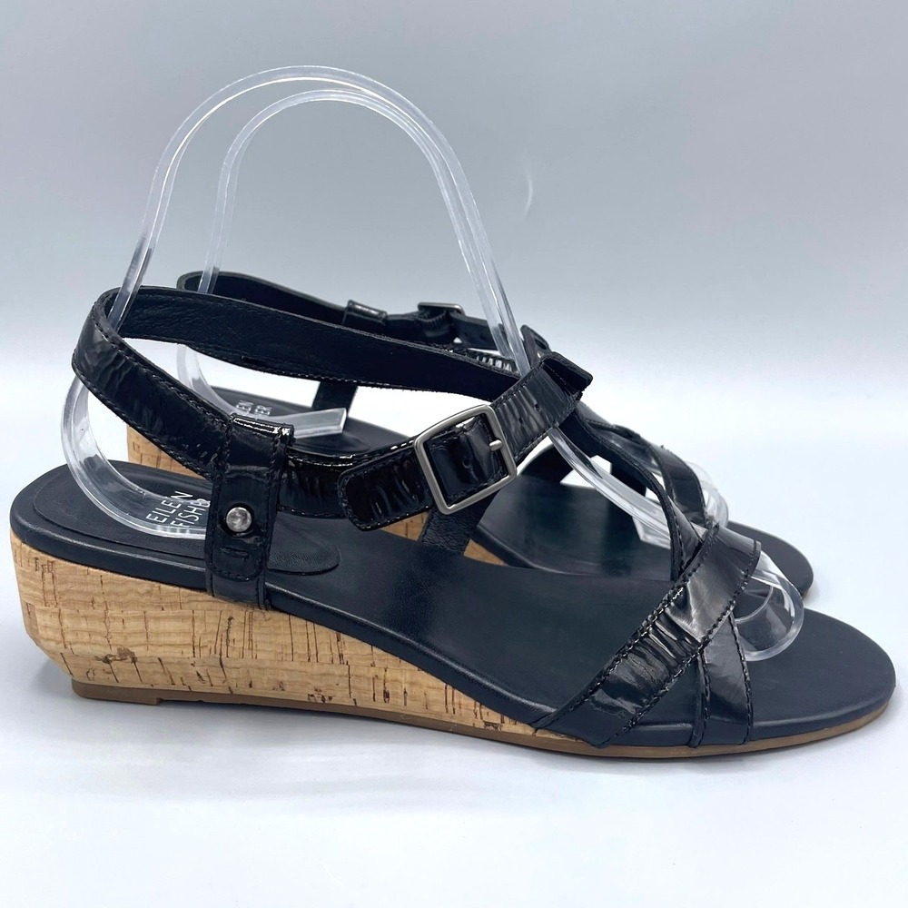 Eileen Fisher Sandals Size 7.5 Black Patent Leather Strappy Cork Low Wedge Heels
